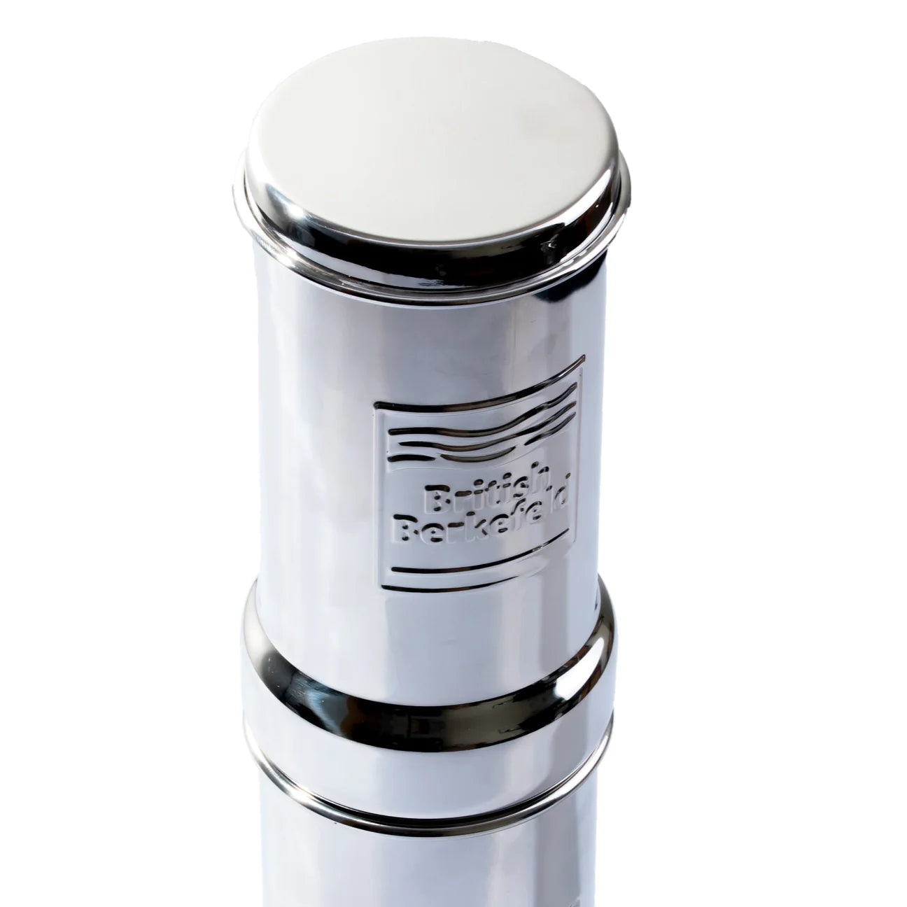 The American Reserves British Berkefeld 1 Liter Stainless Steel Gravity System uses Ultra Sterasyl ceramic filters for efficient purification and showcases an embossed logo.