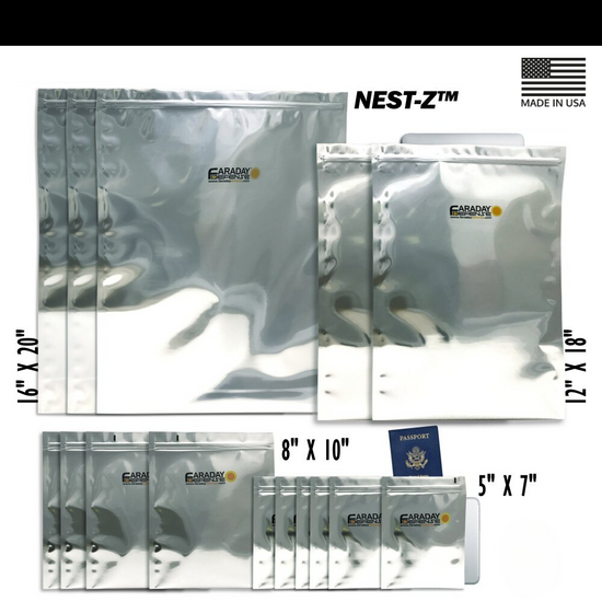 The 15-piece 7.0 Mil Faraday EMP Kit by American Reserves features various-sized silver zip-lock bags next to a U.S. passport, displaying Made in USA and brand logos, providing dependable electromagnetic protection for essential items.