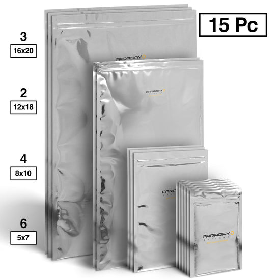 Neatly stacked, the 15pc 7.0 Mil Faraday EMP Kit by American Reserves features zip-lock silver bags in sizes 16x20, 12x18, 8x10, and 5x7, offering dependable electromagnetic protection.