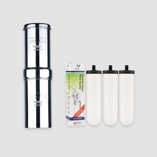 The American Reserves 1 Liter Sterasyl Filter Bundle includes the British Berkefeld Doulton Gravity-Fed Water Filtration System with three white Sterasyl ceramic filters, all beautifully boxed on a light gray background, to provide pure, clean water at your countertop.