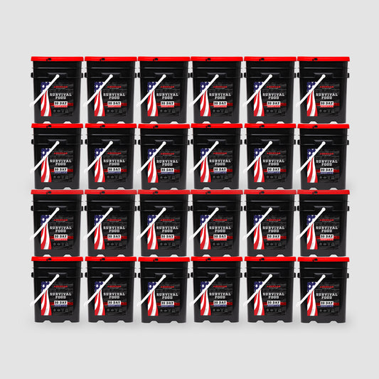 Twenty black buckets with red lids, branded 12 Month Emergency Food Supply by American Reserves, display an American flag design. Filled with freeze-dried food lasting 25 years and arranged in a 4x5 grid against a plain gray backdrop.