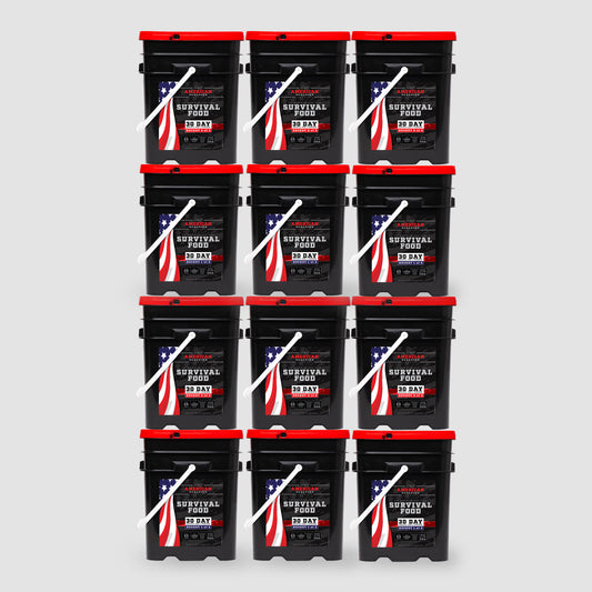 Twelve SURVIVAL FOOD 30 DAY bins, black with red lids and featuring an American flag design, are arrayed in a grid against a gray backdrop. These products from American Reserves offer a reliable freeze-dried food solution with an impressive 25-year shelf life.