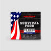 The 72 Hour Emergency Food and Drink Supply by American Reserves features a patriotic flag design, provides lunch entrees with 1800 calories per day, has a 25-year shelf life, and is proudly made in the USA.