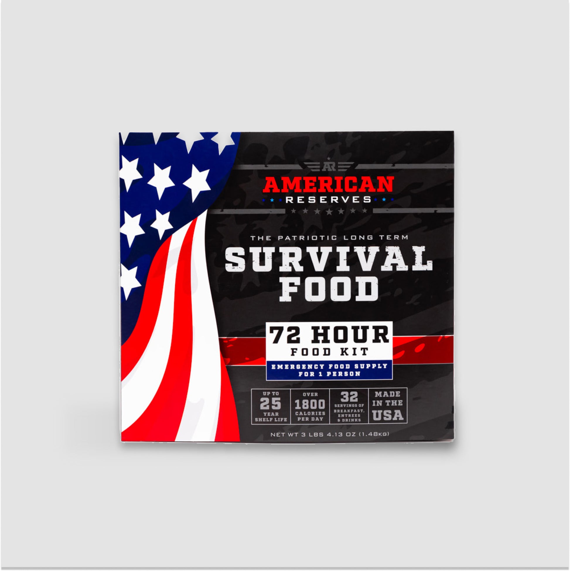 The 72 Hour Emergency Food and Drink Supply by American Reserves features a patriotic flag design, provides lunch entrees with 1800 calories per day, has a 25-year shelf life, and is proudly made in the USA.