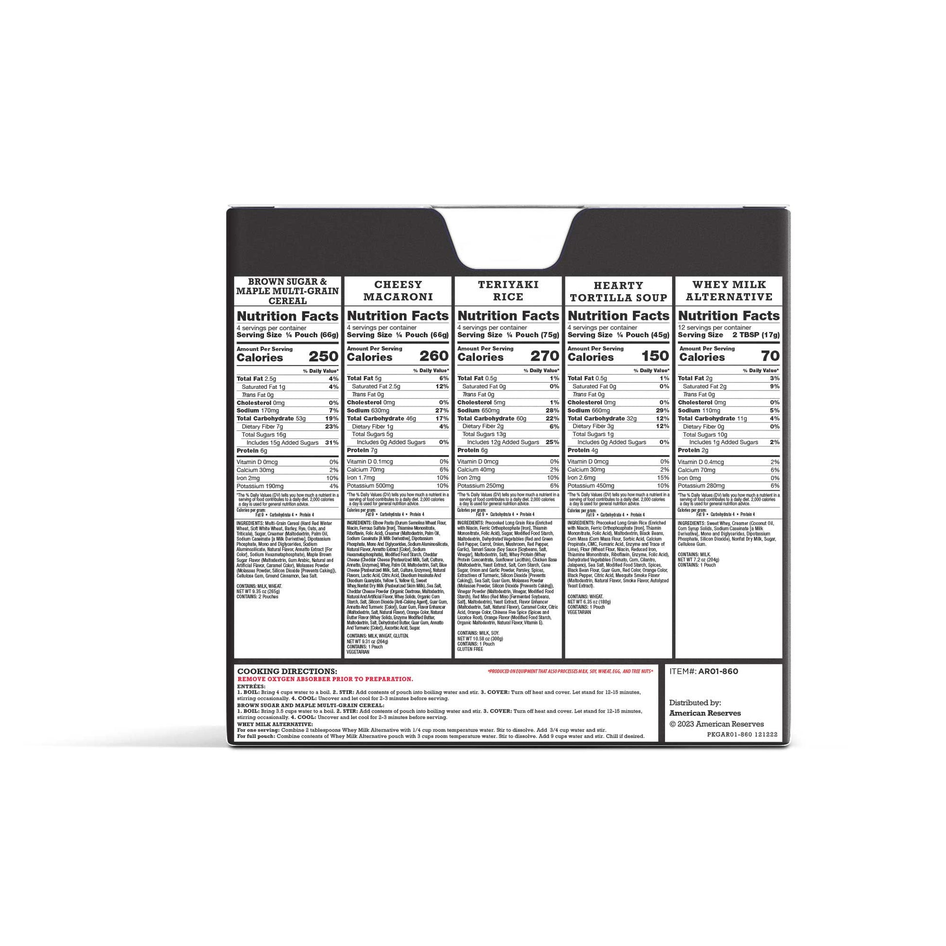 The back of the American Reserves 72 Hour Emergency Food and Drink Supply box shows nutrition facts for Brown Sugar & Maple, Cheesy Macaroni, Teriyaki Rice, and Hearty Tortilla Soup. These lunch entrees are perfect for long-term prep with a 25-year shelf life.
