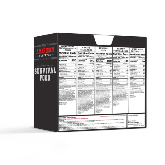 The back of the black and white American Reserves box for the 72 Hour Emergency Food and Drink Supply displays nutritional facts for five lunch entrees: chicken and rice, cheesy macaroni, teriyaki rice, hearty tomato loaf, and whey milk. This supply boasts an impressive 25-year shelf life.