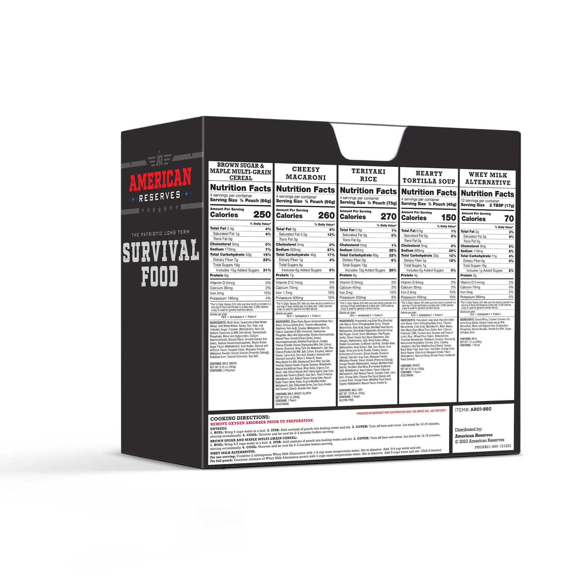 The back of the black and white American Reserves box for the 72 Hour Emergency Food and Drink Supply displays nutritional facts for five lunch entrees: chicken and rice, cheesy macaroni, teriyaki rice, hearty tomato loaf, and whey milk. This supply boasts an impressive 25-year shelf life.