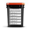A black container with an orange lid from American Reserves displays labels for the 110 Serving Freeze Dried Meat & Sides Bucket, including nutrition facts, directions for use, serving sizes, calorie counts, and ingredients ensuring long-term shelf life.