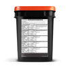 The American Reserves 110 Serving Freeze Dried Meat & Sides Bucket comes in a black container with an orange lid. It includes nutrition facts for savory stroganoff, cheesy macaroni, and chicken noodle soup. This emergency food supply features freeze dried meat with prep instructions at the top.