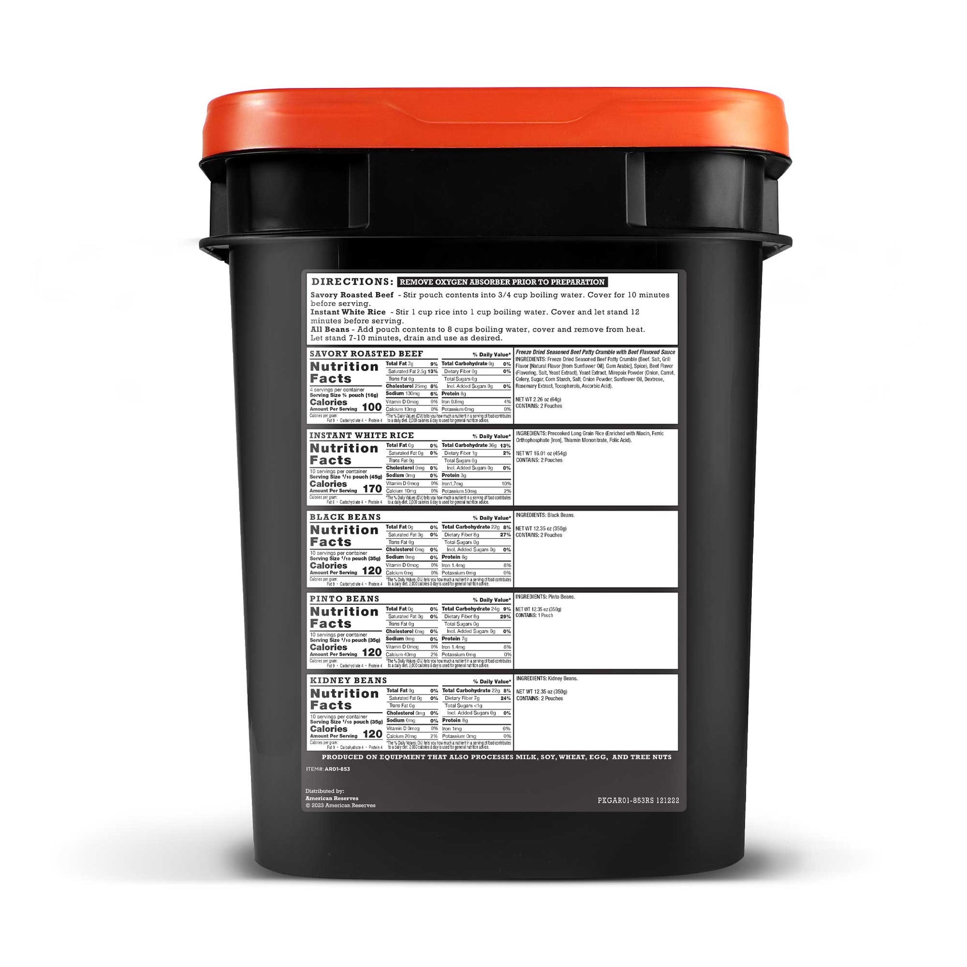 The American Reserves 110 Serving Freeze Dried Meat & Sides Bucket comes in a black container with an orange lid. It includes nutrition facts for savory stroganoff, cheesy macaroni, and chicken noodle soup. This emergency food supply features freeze dried meat with prep instructions at the top.