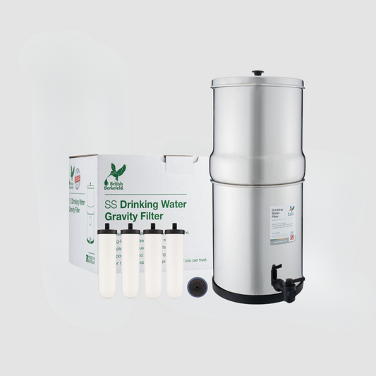 The American Reserves British Berkefeld Doulton 2.25 Gallon Countertop Gravity-Fed Water Filtration System includes four Ultra Sterasyl ceramic filter candles, a black spigot, and is labeled SS Drinking Water Gravity Filter, reflecting the renowned design and quality.