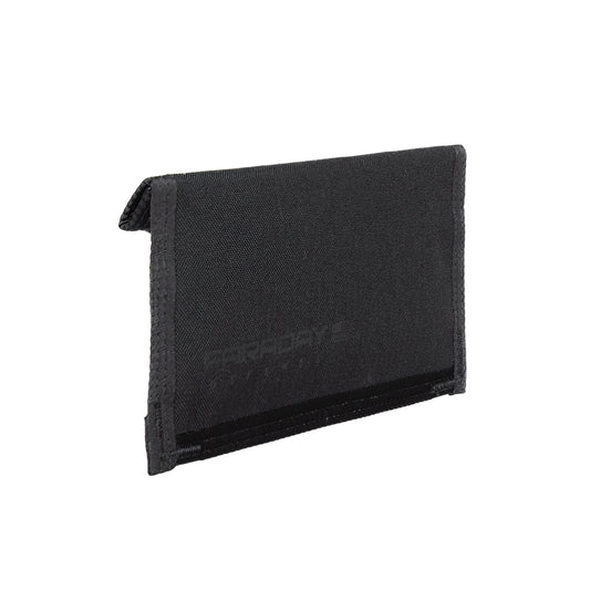 The American Reserves CORDURA® Berry Compliant Faraday Cell Phone Jacket is a durable black, rectangular pouch made from 1000 Denier fabric with a Velcro closure flap that stands upright, serving as a Signal Blocking Bag to secure your devices.