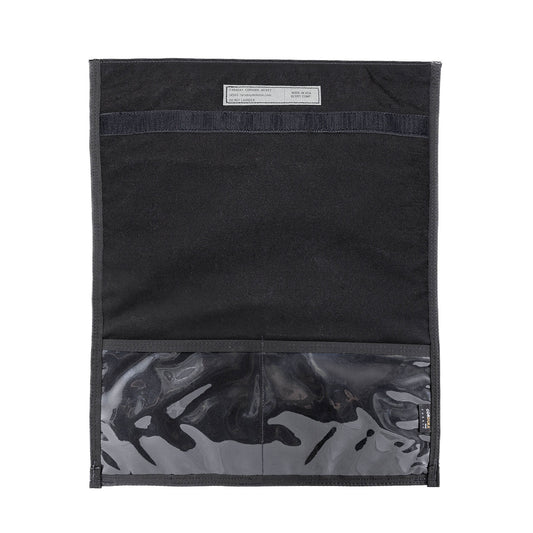 The American Reserves CORDURA® Berry Compliant Faraday Laptop Jacket combines sleek black canvas and clear plastic with a Velcro closure and top label, perfect for organizing essentials.