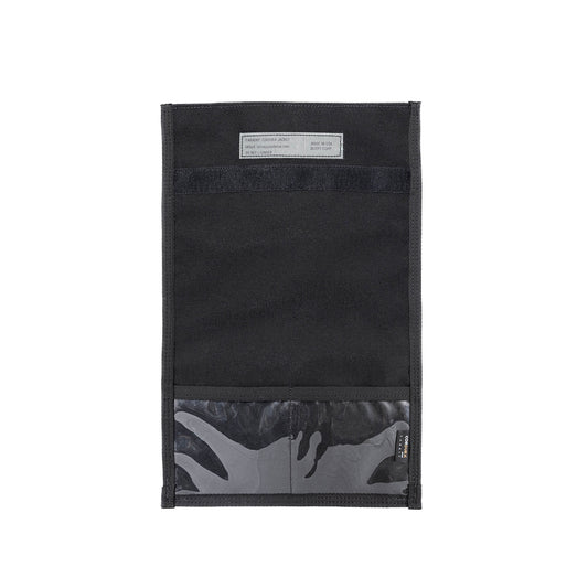 The American Reserves CORDURA® Berry Compliant Faraday Large Tablet Jacket is a black fabric pouch with a clear pocket, camouflage print, and top label. Made in the USA from CORDURA® fabric, this signal-blocking bag offers style and functionality in one compact design.