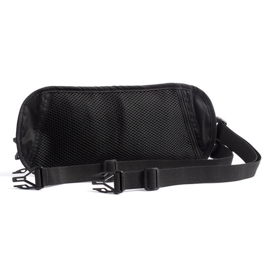 The American Reserves Faraday Waist Pack is a stylish mesh travel pouch offered in black, featuring RFID blocking, a zipper, adjustable strap, and two buckles. Its lightweight and perfect for carrying or wearing.