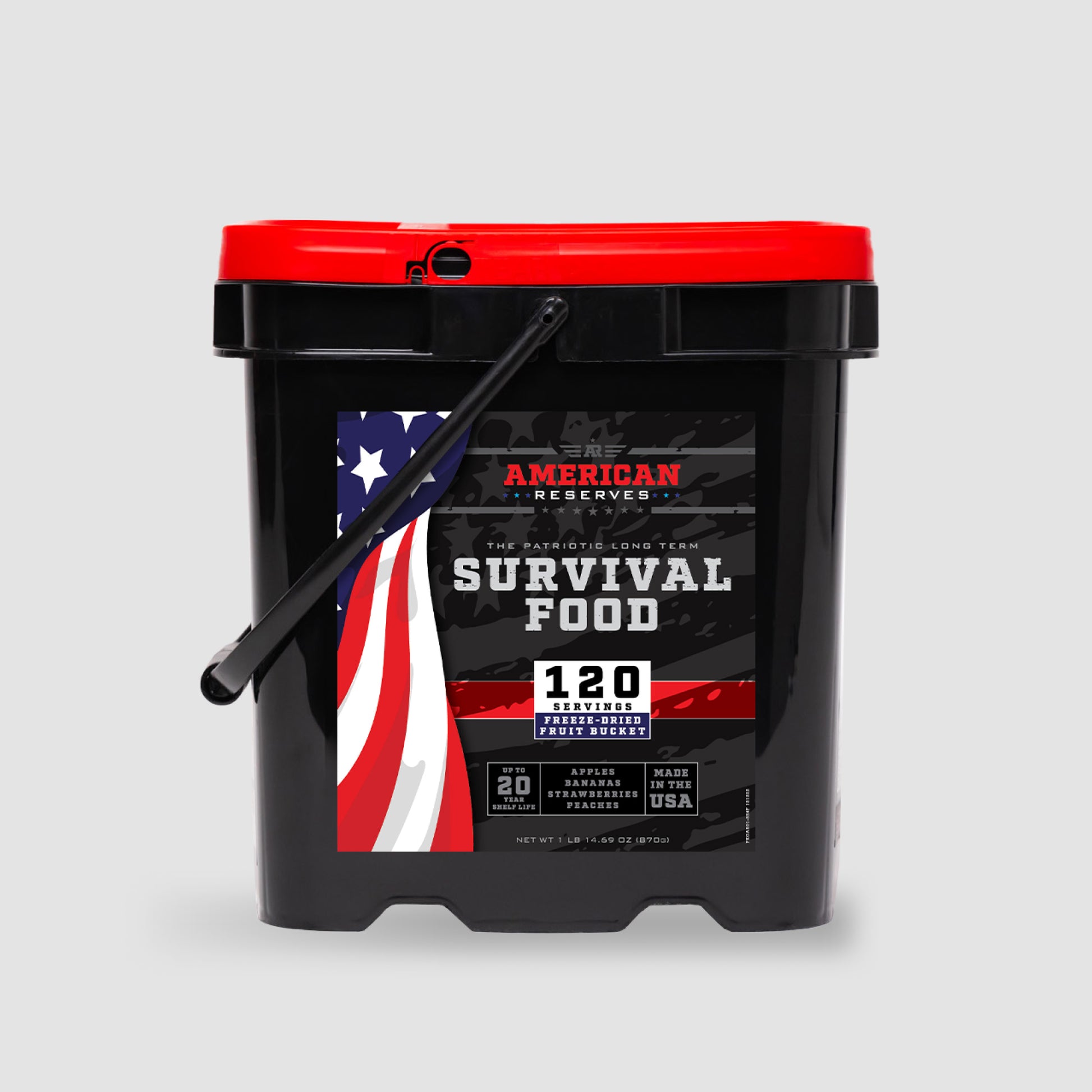 The 120 Serving Freeze Dried Fruit Bucket by American Reserves is a black and red bucket featuring an American flag design. It offers 120 servings of apple-flavored drink mix, boasts a 20-year shelf life, and is proudly made in the USA.