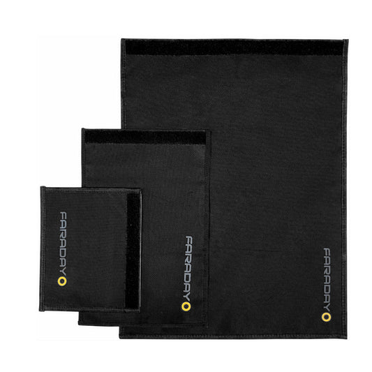 The American Reserves XXL Forensic Faraday Jacket Kit features three black bags of varying sizes with velcro closures, providing excellent device shielding.