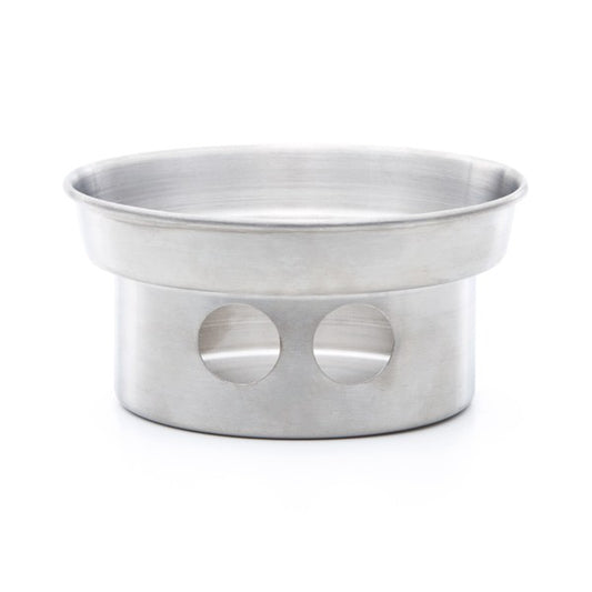 The Kelly Kettle® Ultimate Trekker Camping Kit by American Reserves includes a stainless steel base with two circular cutouts, perfect for holding your camping kettle and ideal for outdoor enthusiasts seeking compact utility.