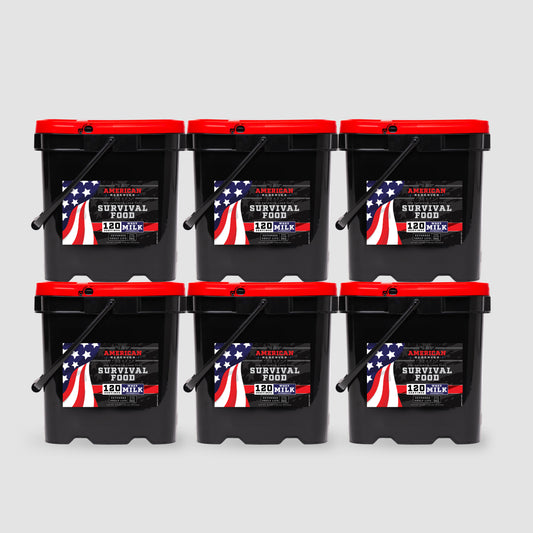 Six black and red buckets labeled 720 Servings Milk Bundle from American Reserves are arranged in two rows with a stylized American flag design. Ideal for long-term storage, these contain essentials like powdered whey milk boasting a 25-year shelf life.