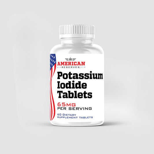 A white bottle of American Reserves Potassium Iodide Tablets, 65mg per serving, 60 tablets, features a partial American flag design—ideal for emergency kits thanks to its long shelf life.