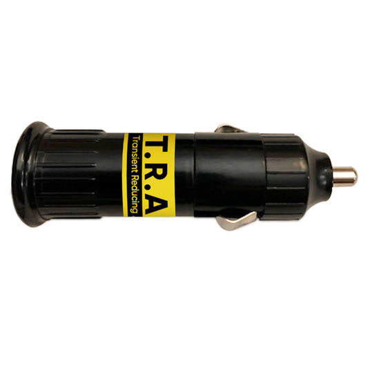 The sleek black cylindrical car voltage adapter, Auxiliary EMP Vehicle Protection by American Reserves, is designed for the 12-volt auxiliary receptacle and offers exceptional transient protection to safeguard your vehicles electronics.