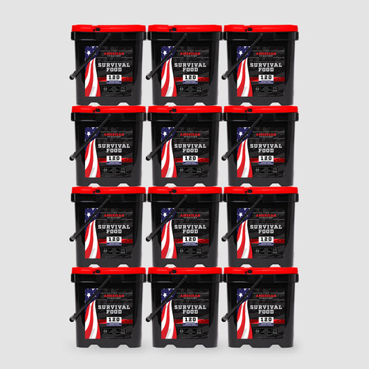 Twelve black and red American Reserves buckets stacked in a grid, each labeled 1440 Servings Freeze-Dried Veggie Bundle with an American flag design. Ideal for any emergency, they offer a long shelf life. The background is plain white.