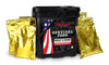 The American Reserves 110 Serving Freeze Dried Meat & Sides Bucket is black with an American flag design and includes six shiny gold foil pouches. This emergency food storage option emphasizes the importance of long-term shelf life with freeze-dried meat.