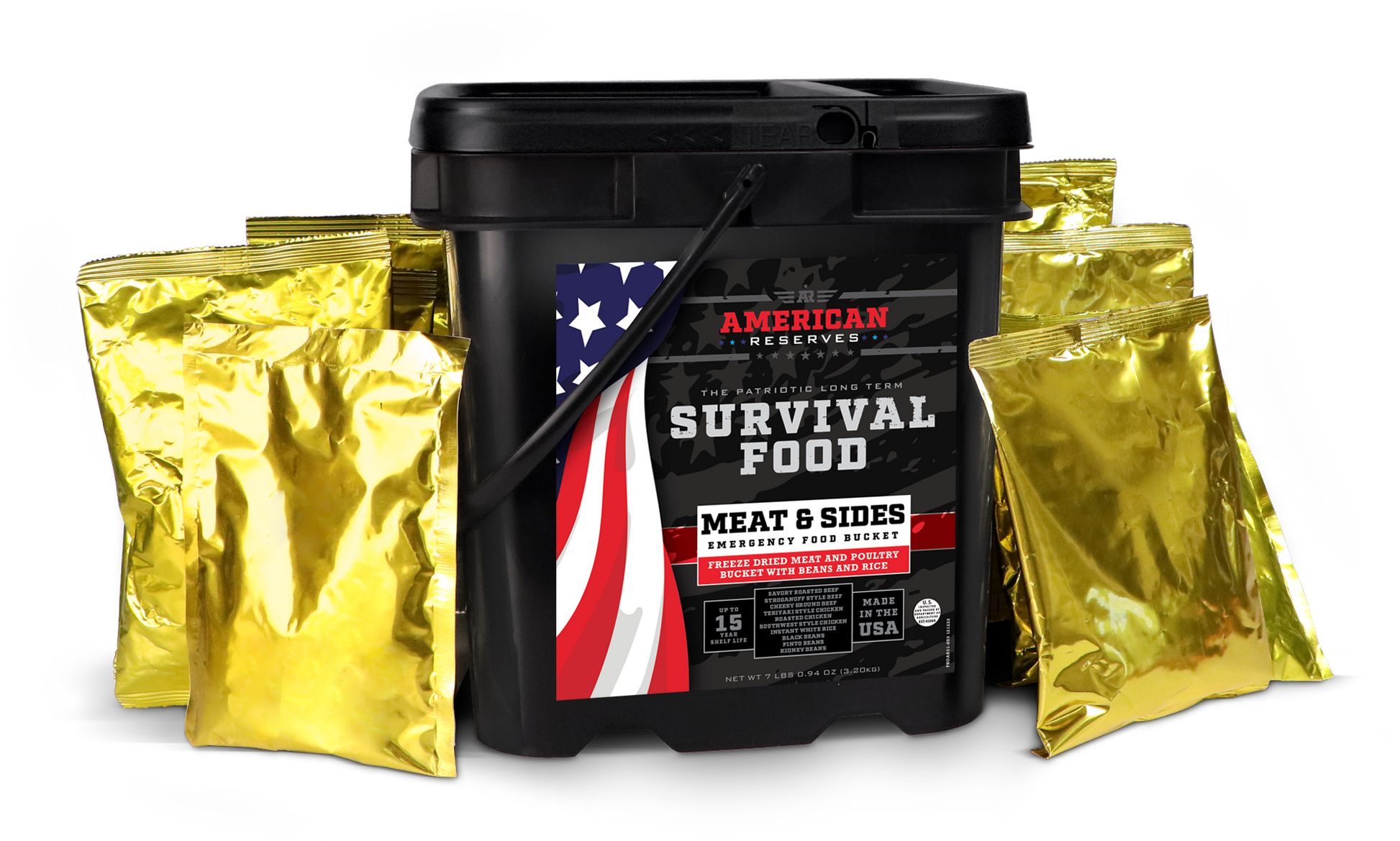 The American Reserves 110 Serving Freeze Dried Meat & Sides Bucket is black with an American flag design and includes six shiny gold foil pouches. This emergency food storage option emphasizes the importance of long-term shelf life with freeze-dried meat.