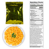 A golden foil pouch and a macaroni and cheese plate, with a detailed nutrition label beside them, highlight the readiness of American Reserves 72 Hour Emergency Food and Drink Supply – 32 Servings as part of your emergency stockpile, boasting an impressive 25-year shelf life.