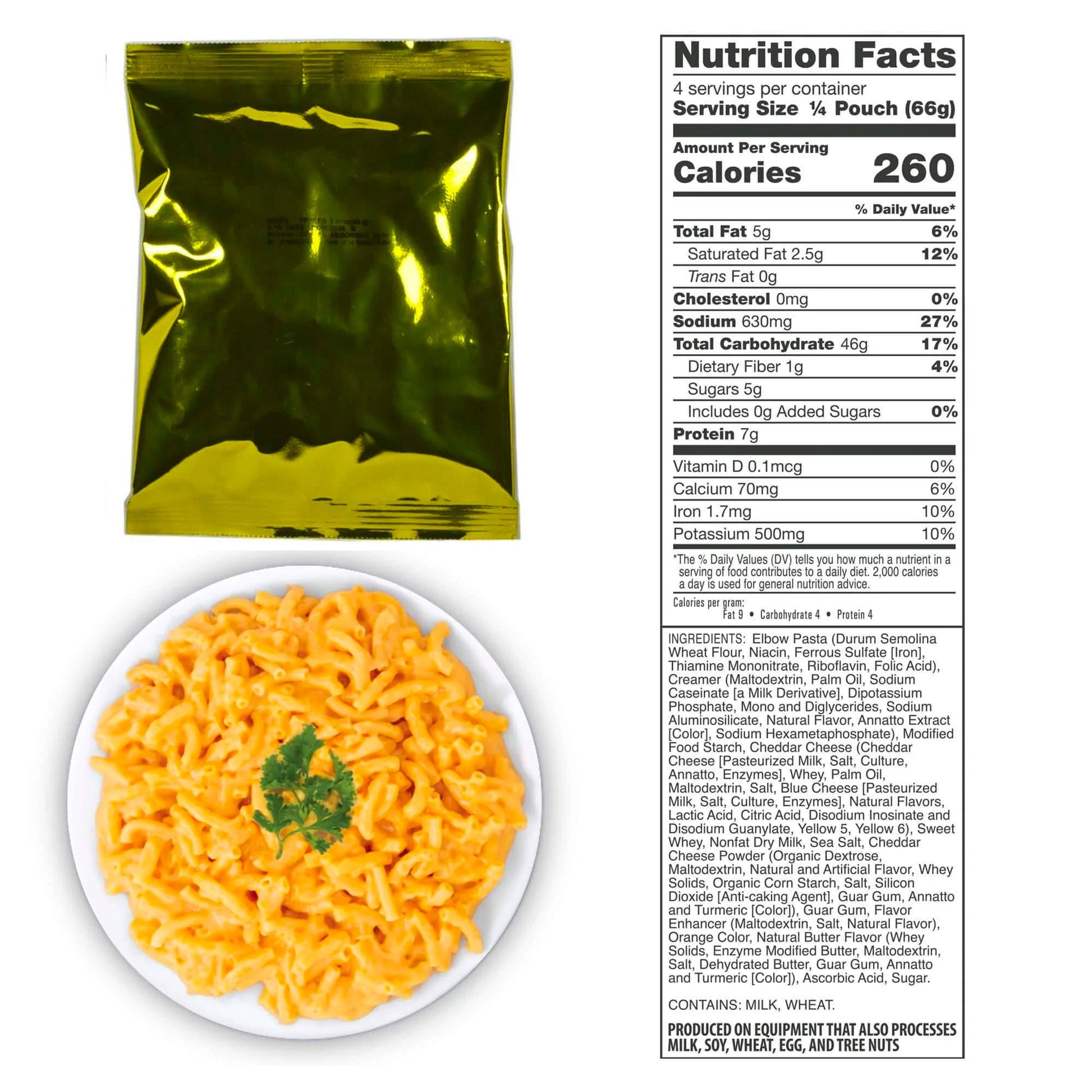 A golden foil pouch and a macaroni and cheese plate, with a detailed nutrition label beside them, highlight the readiness of American Reserves 72 Hour Emergency Food and Drink Supply – 32 Servings as part of your emergency stockpile, boasting an impressive 25-year shelf life.