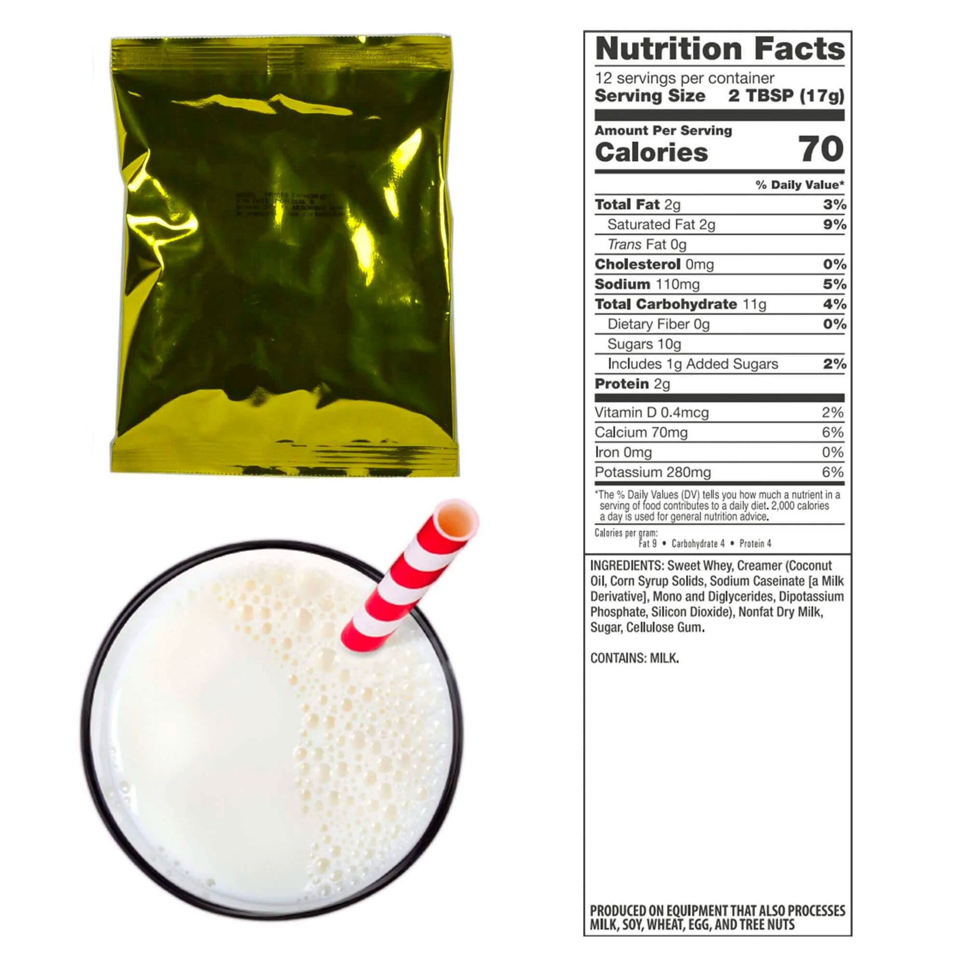 The 72 Hour Emergency Food and Drink Supply by American Reserves includes a gold foil packet, a milk glass with a striped straw, and nutrition facts for a 17g serving with 70 calories. An ideal lunch entree boasting a remarkable 25-year shelf life.