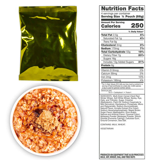 The American Reserves 72 Hour Emergency Food and Drink Supply, in a green foil pouch, features a cereal bowl with 250 calories per serving. The nutrition label details fat, cholesterol, sodium, carbs, fiber, sugars, and protein. Enjoy a 25-year shelf life for peace of mind.