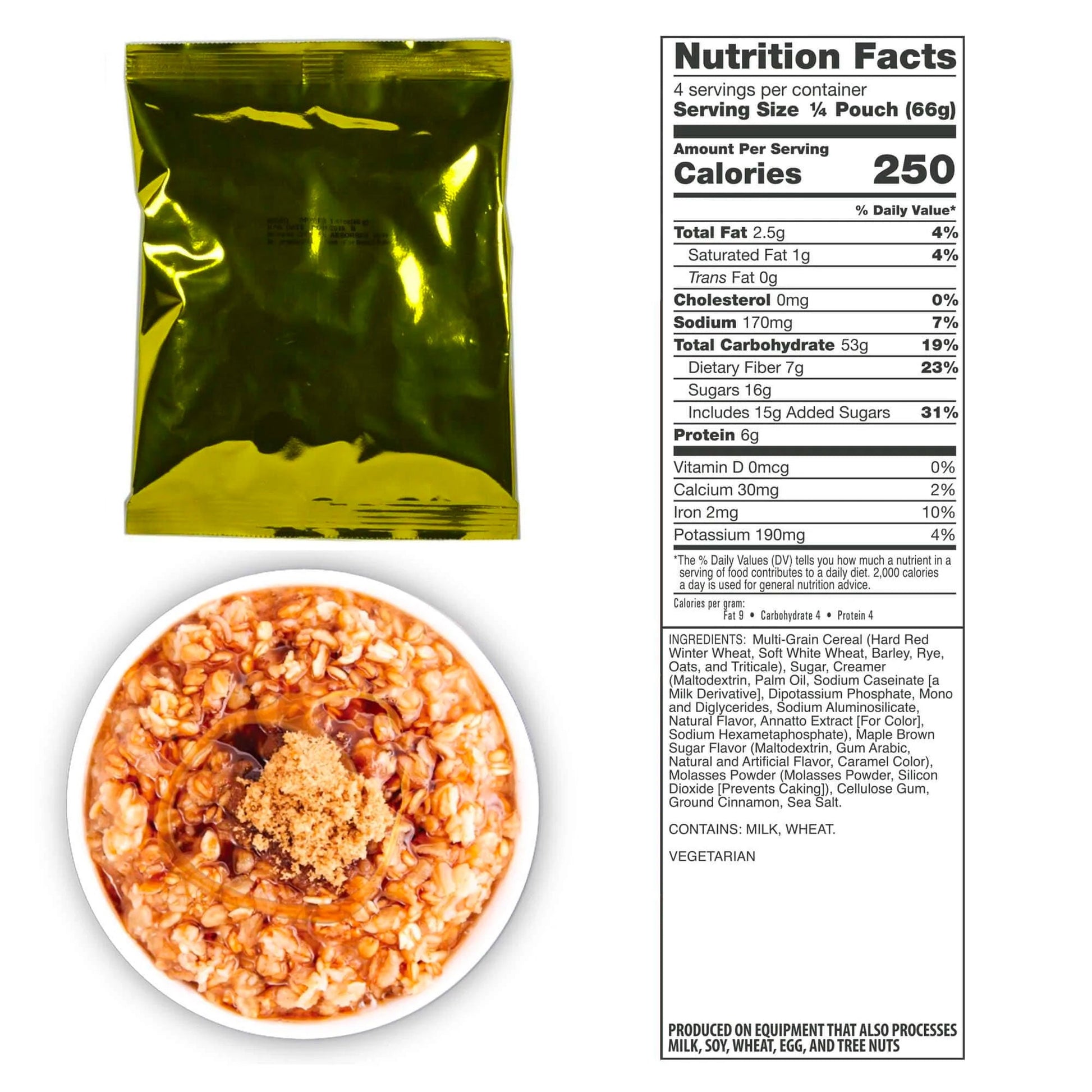 The American Reserves 72 Hour Emergency Food and Drink Supply, in a green foil pouch, features a cereal bowl with 250 calories per serving. The nutrition label details fat, cholesterol, sodium, carbs, fiber, sugars, and protein. Enjoy a 25-year shelf life for peace of mind.
