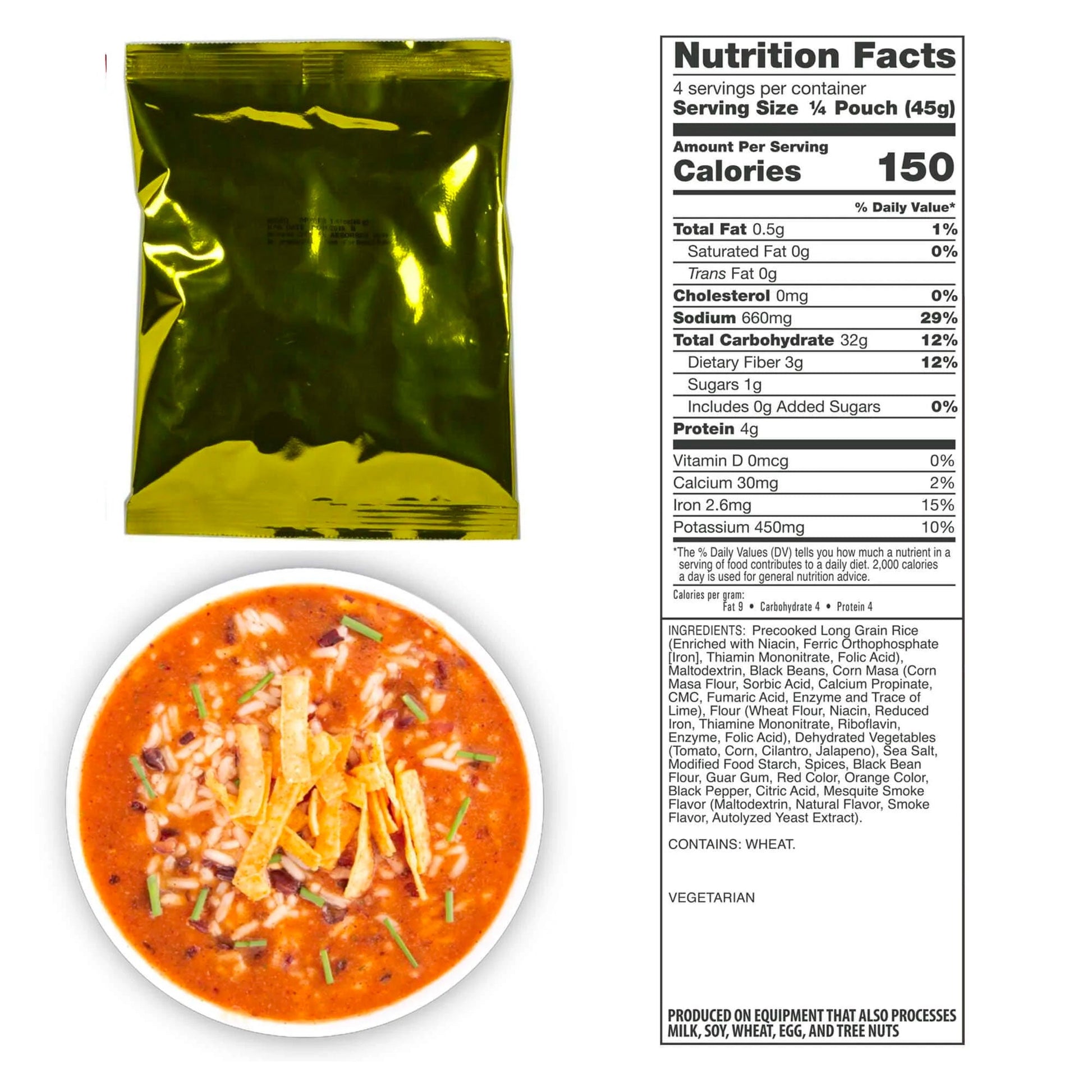 A bowl of red soup with tortilla strips sits next to a green foil packet, featuring 150 calories per serving. Made with tomato paste, cream, and cheddar cheese, its perfect for lunch or as an emergency food supply with a 25-year shelf life. From American Reserves 72 Hour Emergency Food and Drink Supply.