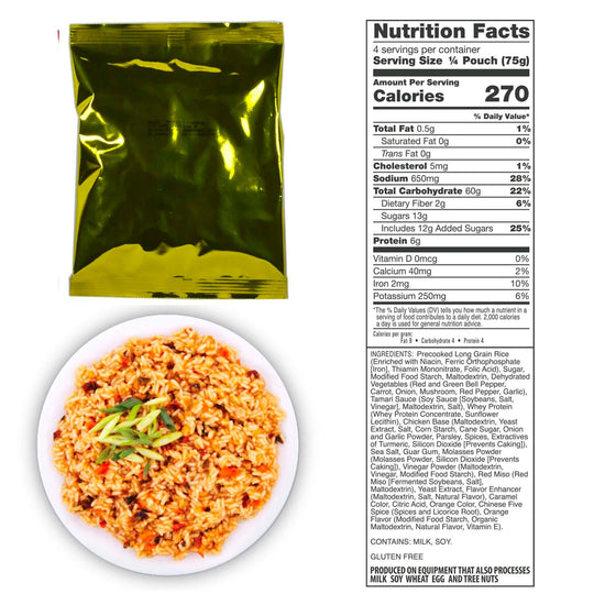 A golden packet of American Reserves 72 Hour Emergency Food and Drink Supply, featuring a perfect lunch option with fried rice and greens. It includes nutrition facts and ingredients, boasts an impressive 25-year shelf life, making it perfect for an emergency food supply.