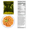 A golden packet of American Reserves 72 Hour Emergency Food and Drink Supply, featuring a perfect lunch option with fried rice and greens. It includes nutrition facts and ingredients, boasts an impressive 25-year shelf life, making it perfect for an emergency food supply.