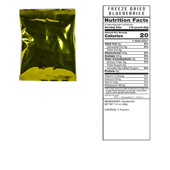 American Reserves 120 Serving Freeze Dried Fruit Bucket features a 1.65 oz gold foil pouch of freeze-dried blueberries. With a 20-year shelf life and only blueberries as an ingredient, its perfect for emergency supplies, offering 20 calories per serving with details on fats, sodium, and sugars.
