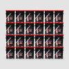Twenty black buckets with red lids, branded 12 Month Emergency Food Supply by American Reserves, display an American flag design. Filled with freeze-dried food lasting 25 years and arranged in a 4x5 grid against a plain gray backdrop.