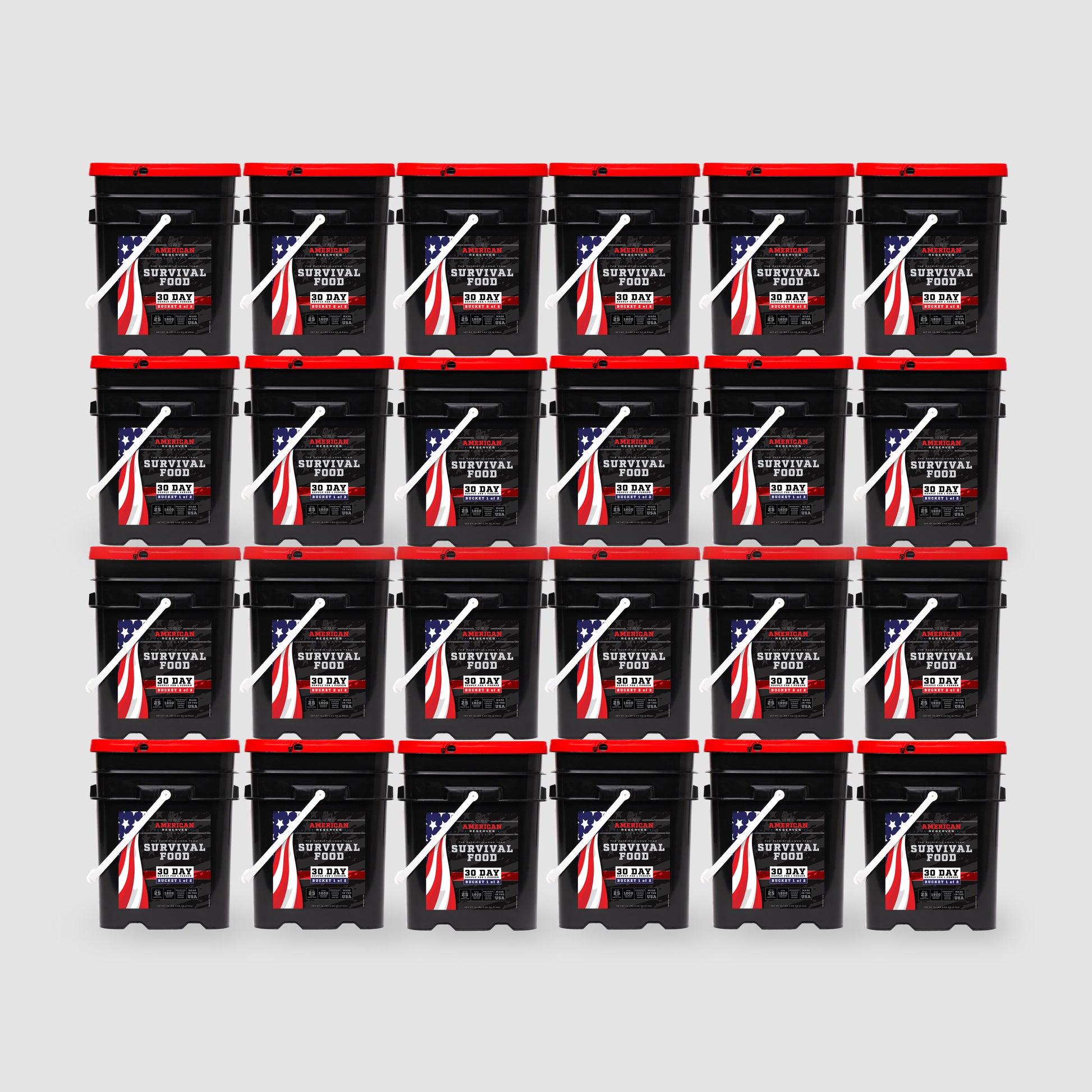 Twenty black buckets with red lids, branded 12 Month Emergency Food Supply by American Reserves, display an American flag design. Filled with freeze-dried food lasting 25 years and arranged in a 4x5 grid against a plain gray backdrop.