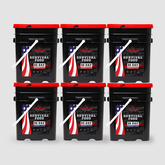 Six black buckets with red lids, labeled 3 Month Emergency Food Supply, are arranged in two rows of three against a white background. Each bucket features the American flag design and boasts a freeze-dried emergency food supply with an impressive 25-year shelf life from American Reserves.