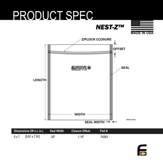 Schematic of American Reserves 7.0 Mil Faraday Cell Phone Bags (5x7, 3 pack) with ziplock closure, seal width, width, length, and offset. Equipped for electronic shielding. Made in USA is at the top right corner.
