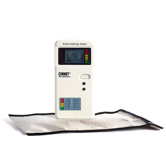 The Triple Layer CYBER Fabric Faraday Bags Kit by American Reserves, designed for effective EMF protection, includes a digital screen on its electrosmog meter that displays precise readings with labeled sections to measure levels accurately.