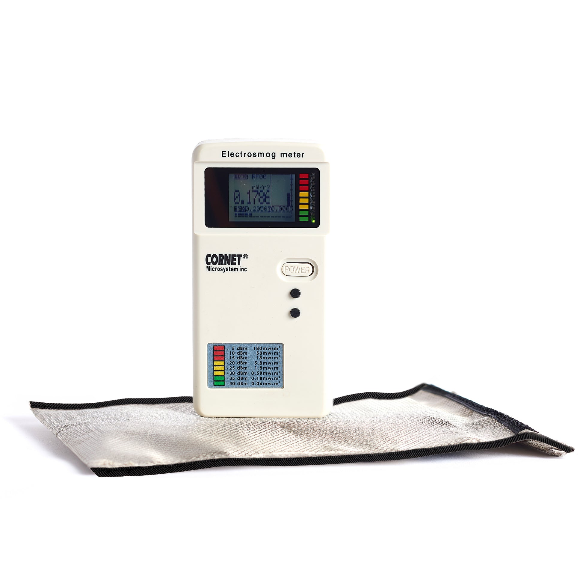 The Triple Layer CYBER Fabric Faraday Bags Kit by American Reserves, designed for effective EMF protection, includes a digital screen on its electrosmog meter that displays precise readings with labeled sections to measure levels accurately.