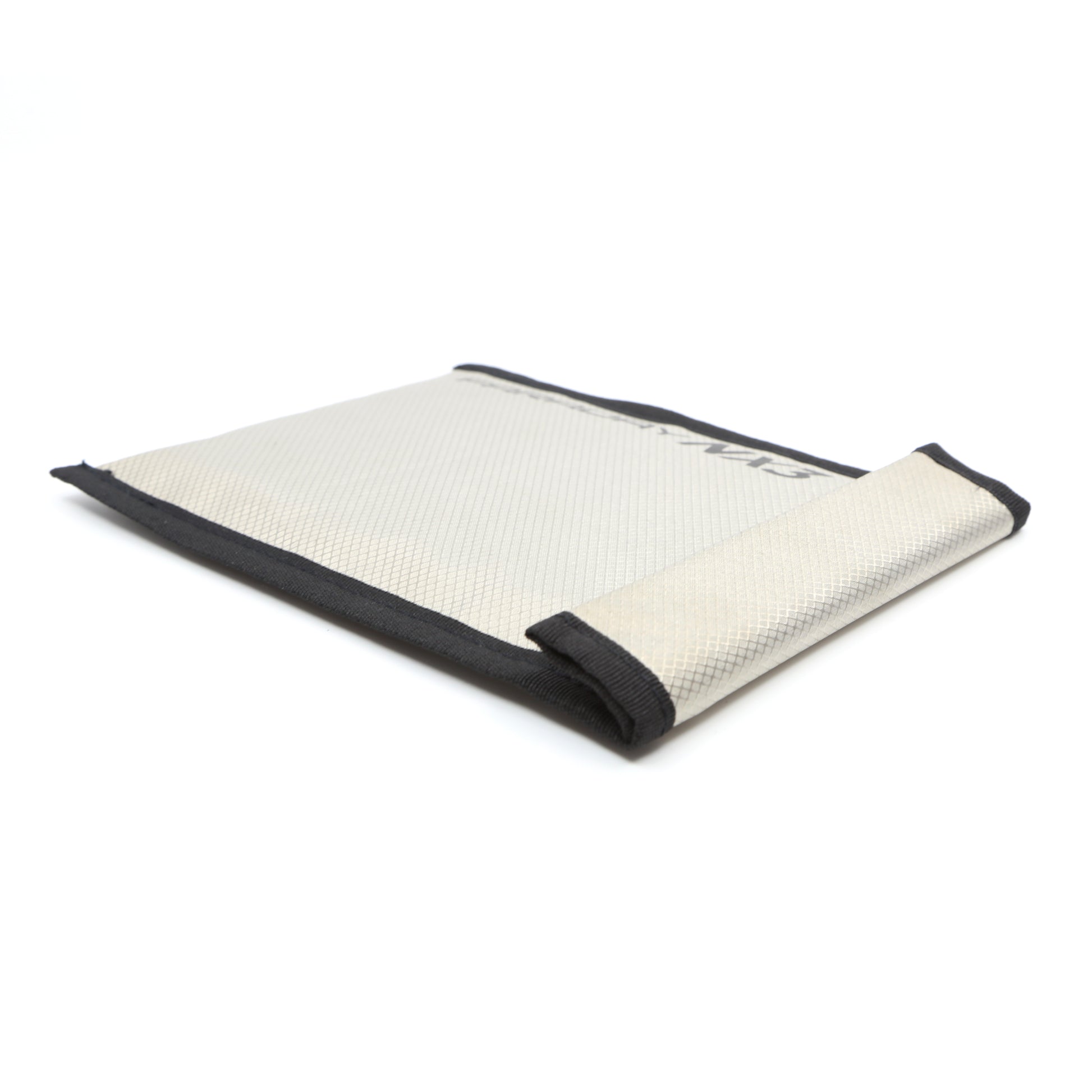 The Triple Layer CYBER Fabric Faraday Bags Kit by American Reserves, featuring a partially open beige and black folding pouch on a white background, blocks signals and provides EMF protection.