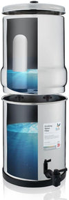 The American Reserves British Berkefeld Doulton Ultra Sterasyl 7 Ceramic Replacement Candle (3 Pack) for gravity water systems suits a two-stage stainless steel setup with a top reservoir for the filter and a bottom one with a tap for collecting filtered water.
