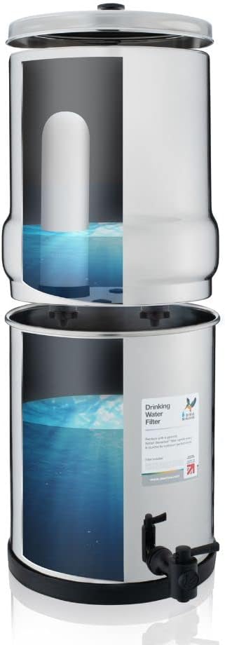 The American Reserves British Berkefeld Doulton Ultra Sterasyl 7 Ceramic Replacement Candle (3 Pack) for gravity water systems suits a two-stage stainless steel setup with a top reservoir for the filter and a bottom one with a tap for collecting filtered water.