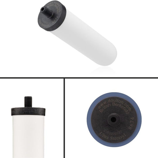The American Reserves British Berkefeld Doulton Ultra Sterasyl 7 Ceramic Replacement Candle for Gravity Systems is showcased with a black threaded cap displaying branding and model details, highlighting its compatibility with ultra sterasyl technology, shown from side, bottom, and top views.