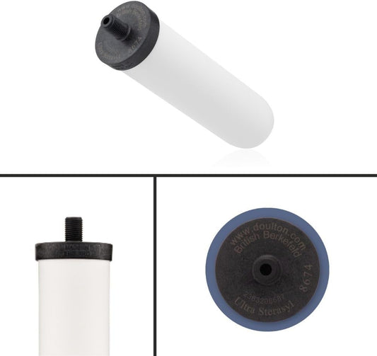 The White cylindrical water filter cartridge with a black top and nozzle is shown from various angles. The text reads British Berkefeld Doulton Ultra Sterasyl Single 7 Ceramic Replacement Candle, emphasizing its innovative filtration technology by American Reserves.