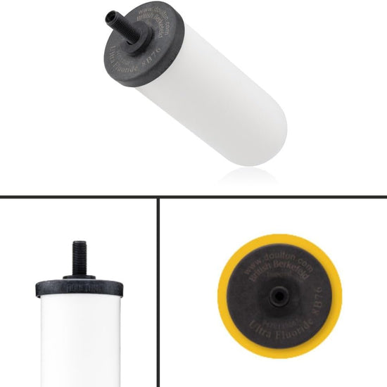 A white cylindrical ceramic water filter with a black top and spout, branded American Reserves, is shown. The bottom view reveals a circular end with a yellow border, part of the British Berkefeld Doulton Ultra Fluoride design for advanced gravity water filter systems.