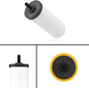 A white cylindrical ceramic water filter with a black top and spout, branded American Reserves, is shown. The bottom view reveals a circular end with a yellow border, part of the British Berkefeld Doulton Ultra Fluoride design for advanced gravity water filter systems.